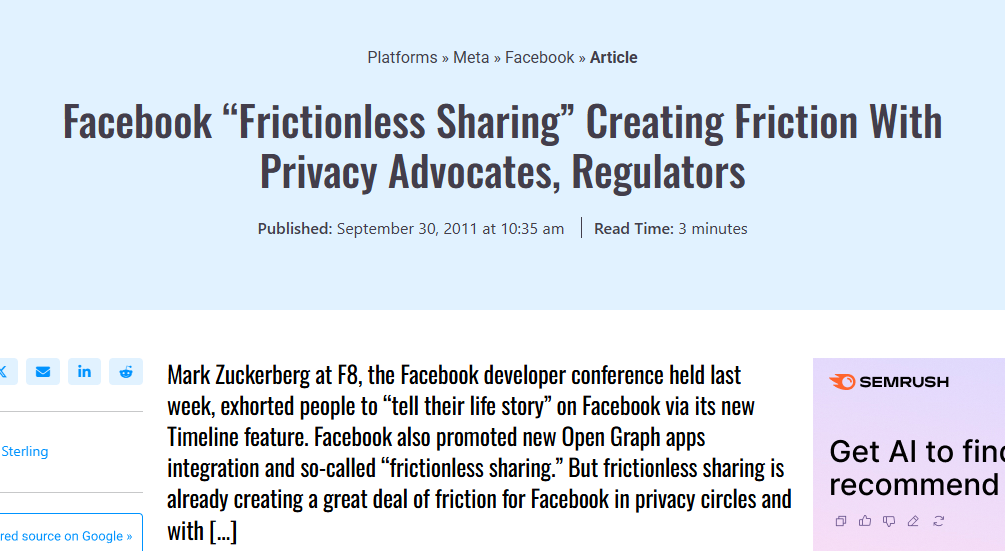 Search Engine Land screenshot of Facebook "Frictionless Sharing"
