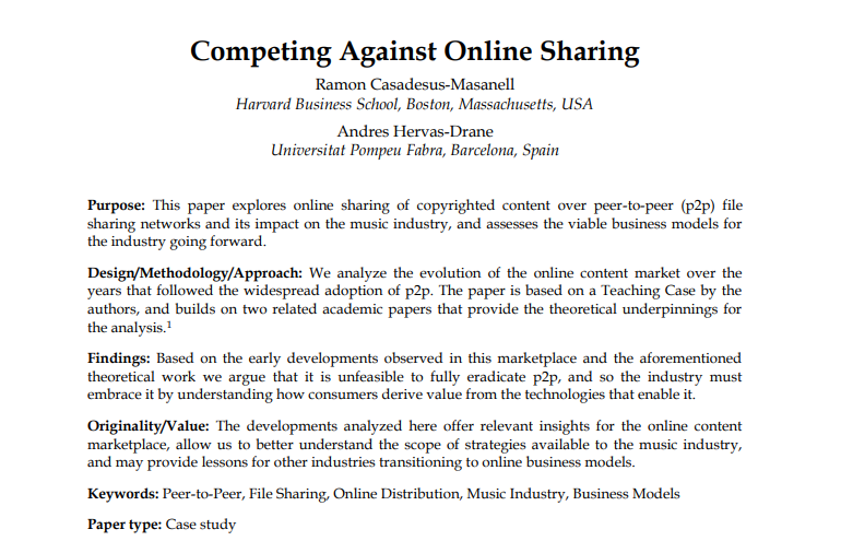 Harvard business school, Boston, Massachusetts, USA
Competing against online sharing