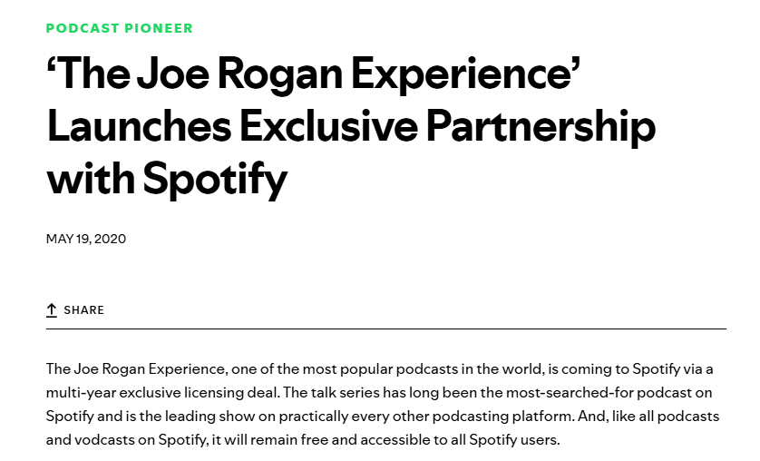 Spotify Newsroom "The Joe Rogan Experience" Launchs Exclusive Partnership with Spotify